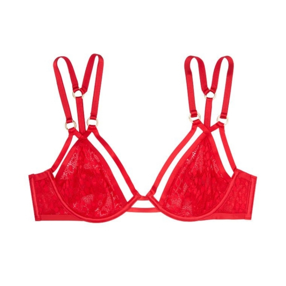 NWTs VS strappy plunge bra in red lipstick size 32D unlined cutout gold hardware